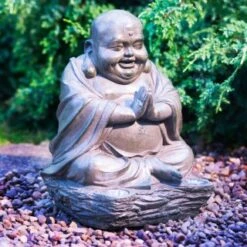 Happy Buddha With Solar Light -Big Brand Store 307135 stone buddha garden ornament daylight1
